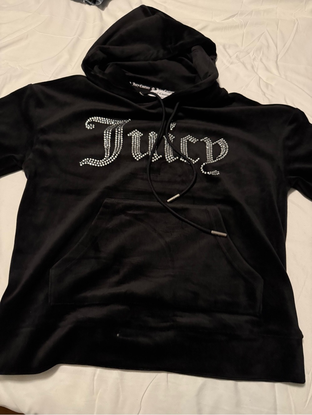 Juicy Couture Black Velour Hoodie with Rhinestone 'Juicy' Logo